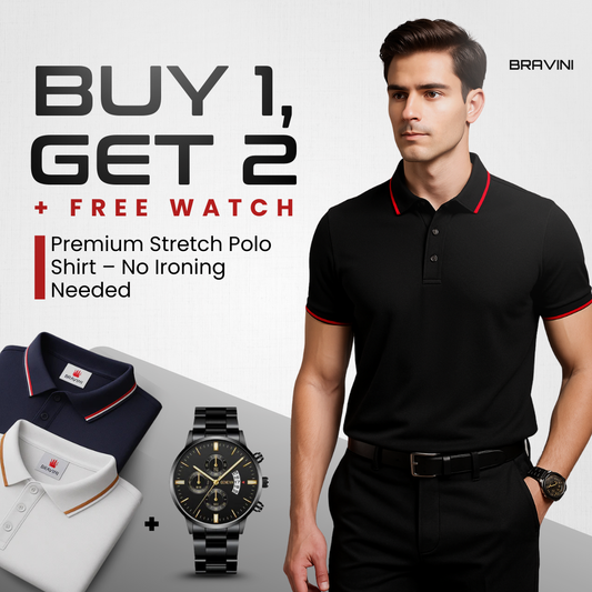 BUY 1, GET 2 | Premium Stretch No-Iron Polo Shirt + Free Watch